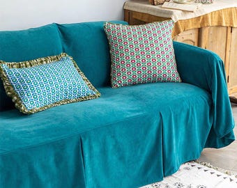 Blue Sofa Slipcover Cat Scratch Free| Couch Cover, LoverSeat Slipcover| Sectional Minimalist Sofa Cover,Handmade Custom Size