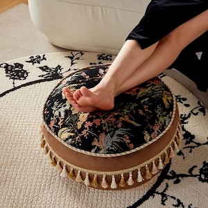 Oriental Vintage Floor Ottoman, Chinoiserie Round Pouf Pillow, Floor Seat,French Retro Footstool, Reading Cushion Decor,European Pouf Pillow