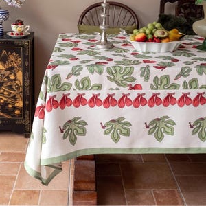 Linen Tablecloth Dining Table Cover Floral Fig PatternTablecloth,Green Red Tablecloth,French Tablecloth,Wedding Farmhouse Tablecloth