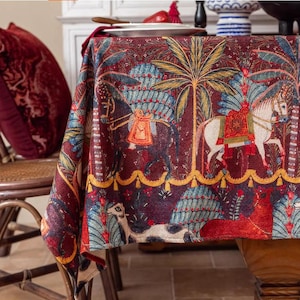 Vintage Manor Jungle Tischdecke | Boho Tischläufer Dekor | Exotische Safari Esstisch Dekor | Einweihungsgeschenk, Pferd Elefant-Muster-Tuch