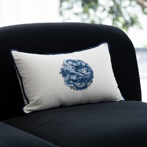 Blue and White Embroidered Dragon Throw Pillow Cover, Handmade Chinoiserie Lumbar, Velvet Pillow, Oriental Decor Gift,  Porcelain Design