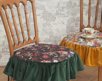 Retro Floral Chair Pads with Ruffled,Chair Seat Slipcovers with skirt for Home Ceremony Banquet Wedding Party