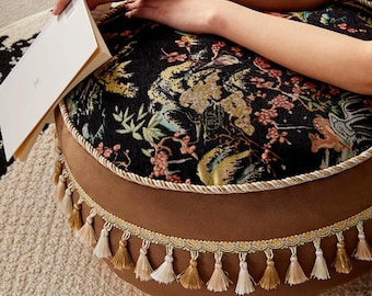 Orientalischer Vintage Boden Ottomane, Chinoiserie Runder Pouf Kissen, Bodensitz, Französischer Retro Fußhocker, Lesekissen Dekor, Europäisches Pouf Kissen