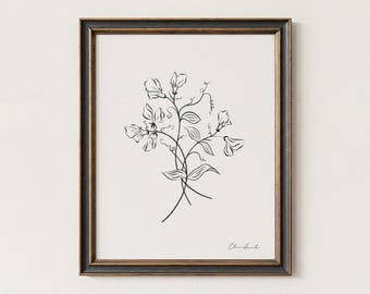 Sweet Pea - April Birth Flower, Line Drawing Art Print, Botanical Flower Illustration, Unframed