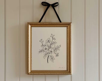 Rose Flower Art Print, Line Drawing, Botanical Cottagecore Floral Wall Art, 5x7 & 8x10