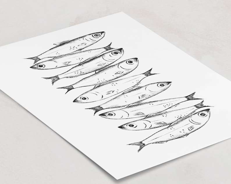 Puede incluir: Una ilustraci&oacute;n en tinta negra sobre fondo blanco que presenta una disposici&oacute;n diagonal de siete peces. Cada pez est&aacute; representado con un detallado trabajo de l&iacute;neas, mostrando escamas, aletas y ojos, en un patr&oacute;n repetido en la p&aacute;gina.