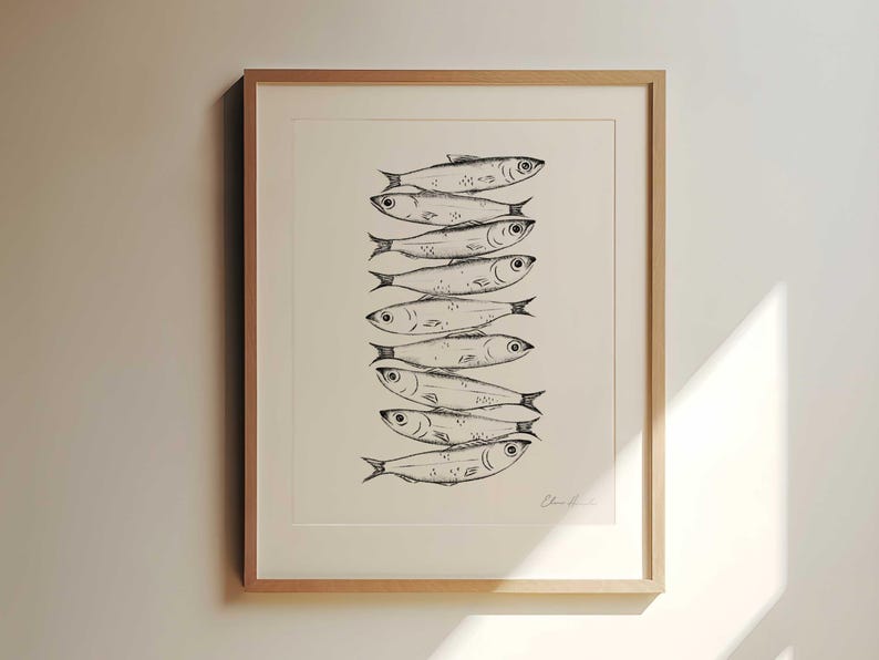 Nine whimsical sardines in a vertical line, each swimming in a different direction, line drawing print with moody, storybook, cottagecore style. Kitchen Decor Sardine print.