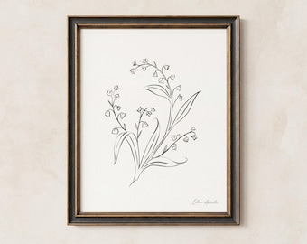 Lirio de los valles - Flor de nacimiento de mayo, lámina artística con dibujo lineal, arte mural minimalista, sin marco.