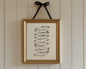 Sardine Art Print, Line Drawing, Whimsical Coastal Kitchen Decor, Sardine Girl Summer, 5x7 & 8x10