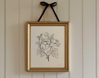 Strawberry Art Print, Line Drawing, Minimalist Botanical Floral Fruit Kitchen Decor, 5x7 & 8x10