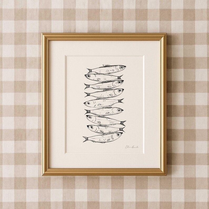 Nine whimsical sardines in a vertical line, each swimming in a different direction, line drawing print with moody, storybook, cottagecore style. Kitchen Decor Sardine print.
