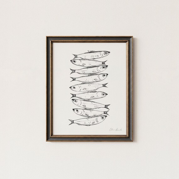 Sardine Art Print, Line Drawing, Whimsical Coastal Kitchen Decor, 5x7 & 8x10, Unframed