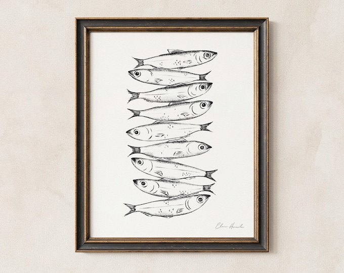 Sardine Art Print, Line Drawing, Whimsical Coastal Kitchen Decor, Unframed