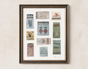 Matchbook Watercolor Art Print, Vintage Matchbox Collection, 8x10, Unframed