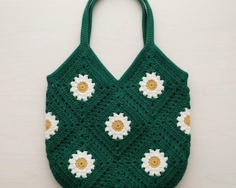 Flower Granny Square Crochet Tote Bag, Handmade Boho Shoulder Bag