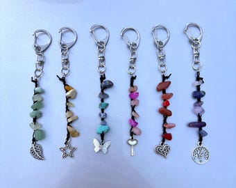 6 Stone Gemstone Crystal Crochet Keychain- Black Thread – Handmade Beaded Protection Charm Keychain