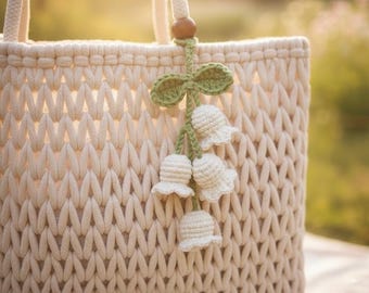 Crochet Lily of the Valley Bag Charm, Handmade Cotton Yarn