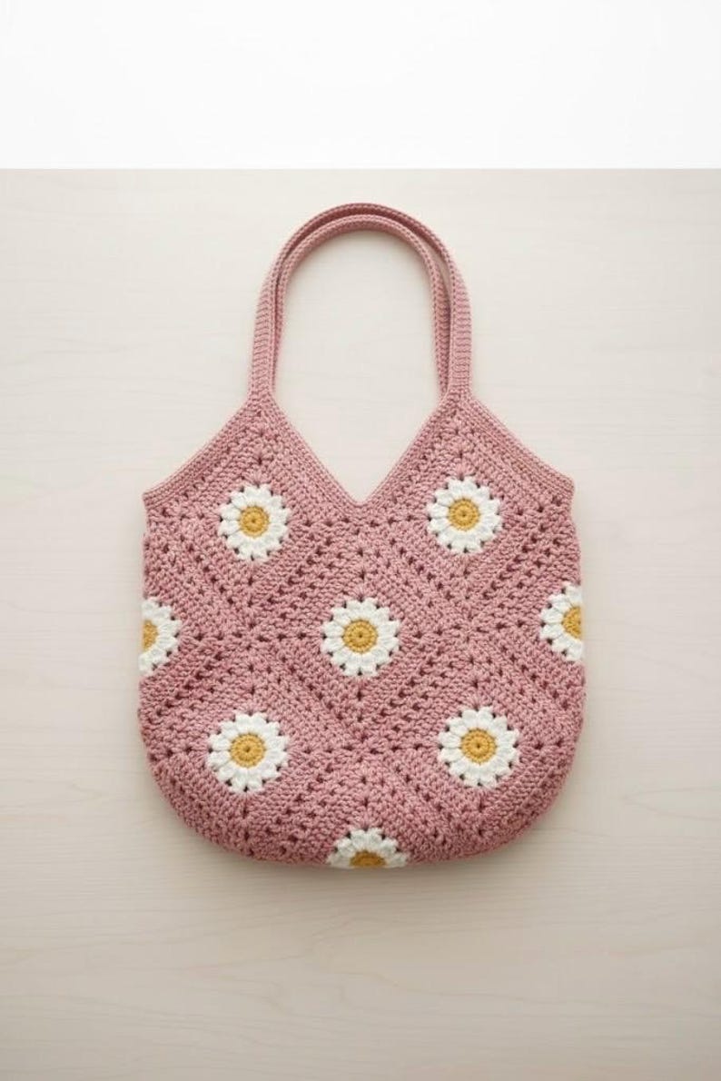 Puede incluir: Un bolso tote rosa tejido a crochet con un estampado de margaritas. El bolso tiene una parte superior en forma de V y dos asas. El estampado de margaritas presenta p&eacute;talos blancos y centros amarillos, creando un dise&ntilde;o floral encantador.