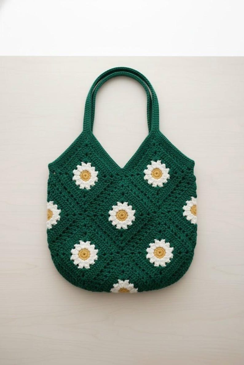 Puede incluir: Bolso tote de crochet verde hecho a mano con aplicaciones de margaritas blancas y amarillas. El bolso tiene dos asas verdes y una parte superior en forma de V. El patr&oacute;n de margaritas se repite en la parte delantera y trasera.