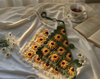 Crochet Sunflower Head Bandana, Handmade Cottagecore Headwear,