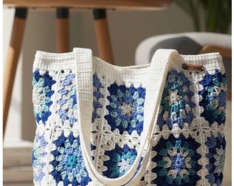 Blue Granny Square Crochet Tote Bag, Handmade Boho Shoulder Bag