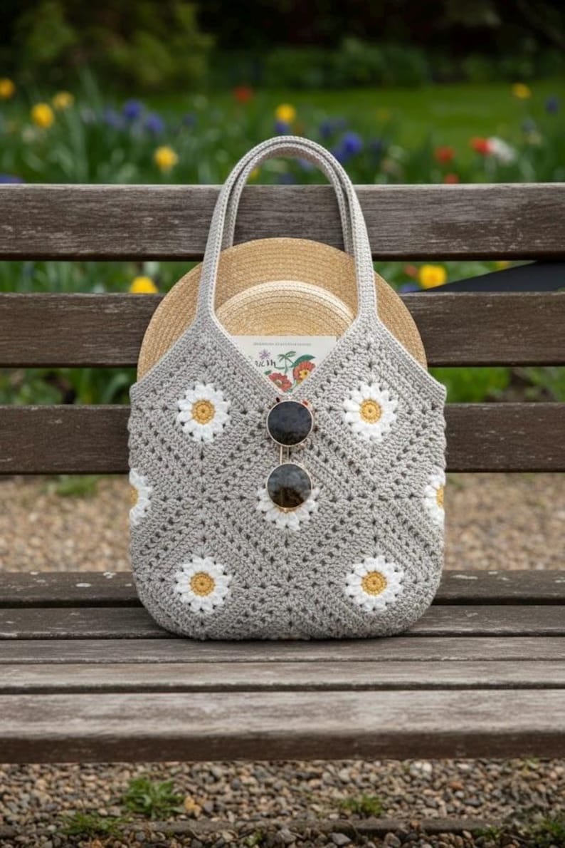 Puede incluir: Bolso tote de crochet gris con detalles de margaritas blancas y amarillas. El bolso contiene un sombrero de paja y gafas de sol. Descansa sobre un banco de madera, con un fondo borroso de flores y follaje.