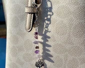 6 Stone Gemstone Crystal Crochet Keychain- White Thread – Handmade Beaded Protection Charm Keychain