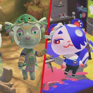 May include: Image features four cartoon characters from the Animal Crossing video game. The characters are anthropomorphic animals with detailed designs and colorful outfits. The background includes furniture and colorful paint splatters.