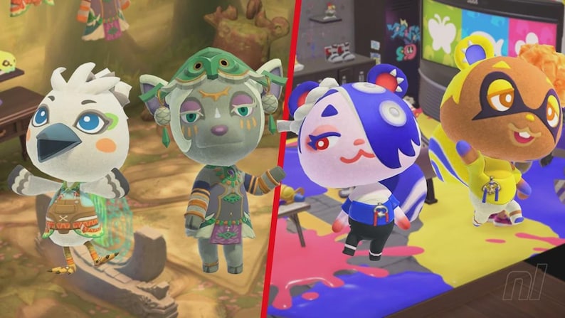 May include: Image features four cartoon characters from the Animal Crossing video game. The characters are anthropomorphic animals with detailed designs and colorful outfits. The background includes furniture and colorful paint splatters.