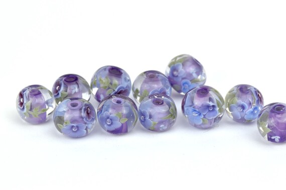 MADE TO ORDER Lilac Lampwork Glass Bead Purple and blue flowers bead 12mm