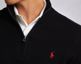 Ralph Lauren Logo Quarter Zip Pullover - Mens V Neck Cotton Jumper - Smart Casual Gift for Him For Fathers Day