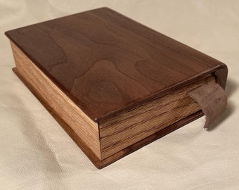 Handmade black walnut wooden book box, keepsake box with secret drawer