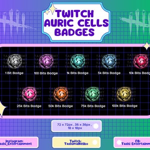 Könnte beinhalten: Eine Grafik, die Twitch Auric Cells Badges für verschiedene Bit-Beträge zeigt. Die Badges sind kreisförmig und haben eine leuchtende Kugel mit einem schwarzen Umriss. Die Badges werden in einem Raster angezeigt, wobei der Bit-Betrag unter jedem Badge aufgeführt ist. Die Bit-Beträge sind 1, 100, 1k, 5k, 10k, 25k, 50k, 75k und 100k.
