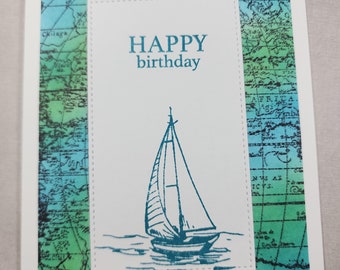 Happy Birthday Sailboat Card, Masculine, Sailing, Ocean Themed in Teals and Greens