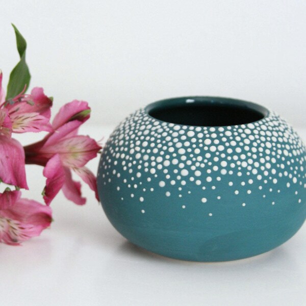 Ceramic Planter Pot Teal White Dots - Round Pebble Porcelain Vase Teal