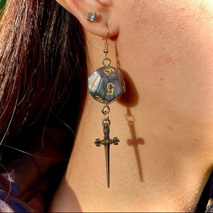 D&D Dice Sword Earrings: Grey D20, Gold Plated, Hypoallergenic