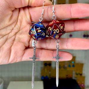 Red and Blue D20 Sword Earrings | Hypoallergenic Earrings | Silver Sword | Dice Earrings | D&D Dice | Sword Dice earrings | DND Earrings