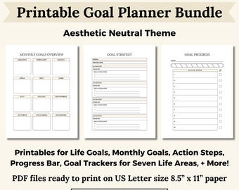 Printable Goal Planner Bundle, 31 Pages Include Life Goals, Yearly Goals, Monthly Goals, Habit Trackers for Life Areas, Bucket List, & More!