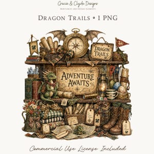 May include: A digital illustration featuring a two-tiered wooden shelf filled with adventure-themed items including a green dragon, a compass, a lantern, maps, books, and boots. The central sign reads Adventure Awaits, with Dragon Trails text above.
