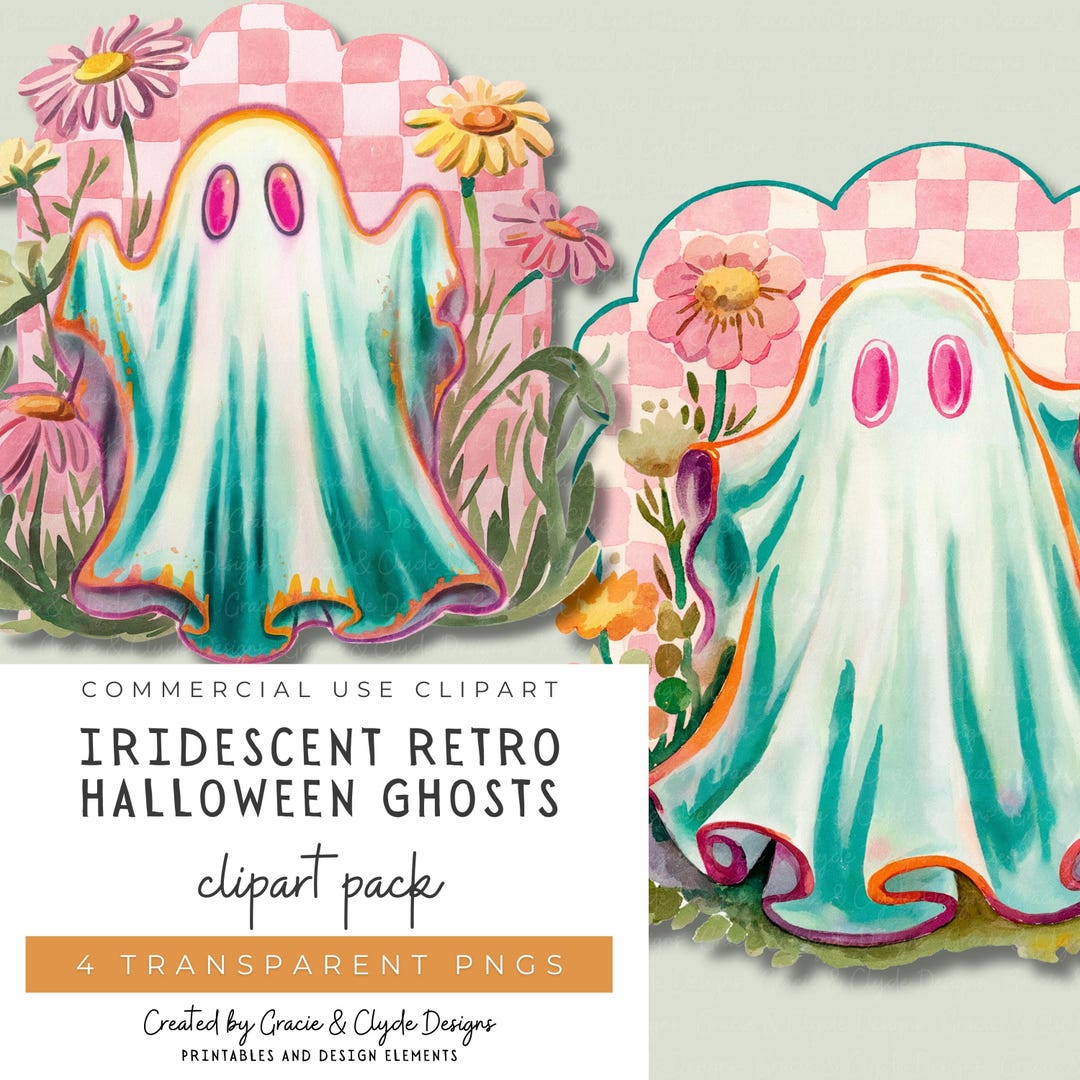 Floral Ghost Clipart – Iridescent Retro Halloween PNG Set, Cute Daisy ...