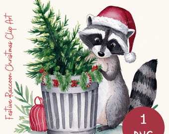 Clip art navideño de mapache, acuarela navideña, animal del bosque, descarga digital, clipart navideño, arte festivo, animales lindos