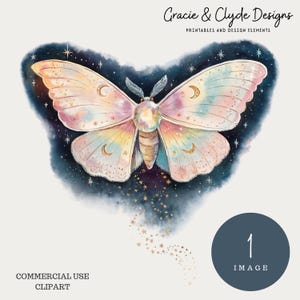 May include: A watercolor illustration of a pink and blue moth with gold accents flying against a dark blue background with gold stars. The moth has crescent moon shapes on its wings.  The image is part of a set of 1 digital clipart image.