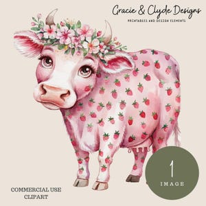 Strawberry Moo, Cottagecore Floral Cow Clipart, PNG, Whimsical Farm Animal, Strawberry-Themed Sublimation Art