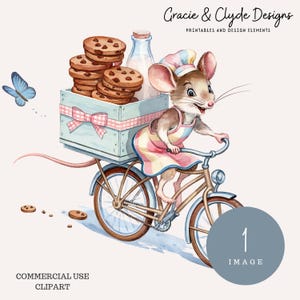 Koekjesbezorging, grillige bakkerijmuis clipart, png, vintage aquarelmuis op fiets, Cottagecore baksublimatie, uitnodigingen