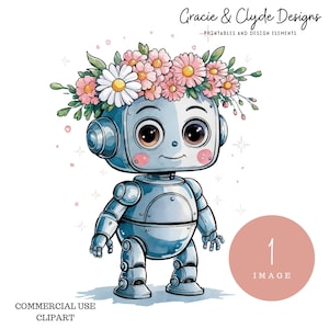 May include: A cute cartoon robot with a silver body and a pink flower crown. The robot has large blue eyes and a friendly smile. The robot is standing on a white background.