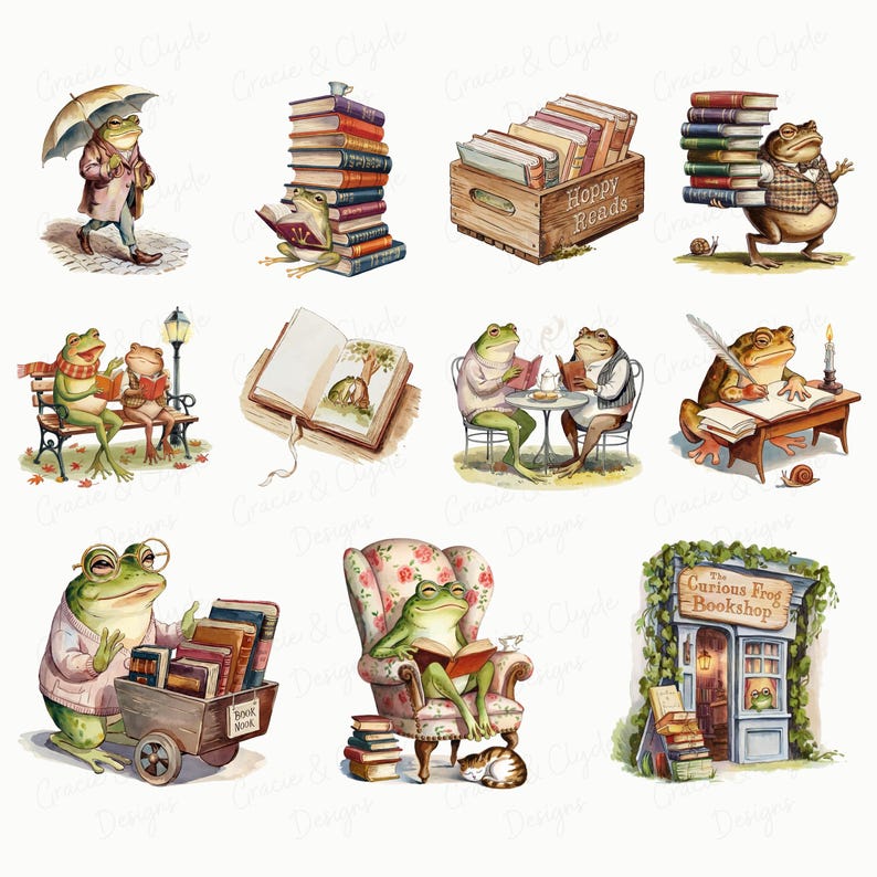 Hoppy Reads Frog & Toad Clipart Set, Frog Book Club, PNG, Whimsical ...