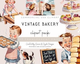 Vintage Bakery Clipart Set, 17 PNGs, Retro Baking Illustrations, Cottagecore Aesthetic for Sublimation & DIY, Vintage Kids, Kitchen Decor