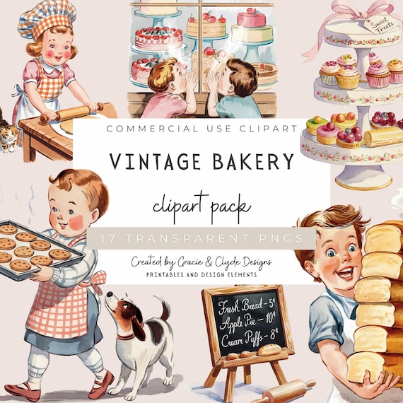 Vintage Bakery Clipart Set, 17 PNGs, Retro Baking Illustrations, Cottagecore Aesthetic for Sublimation & DIY, Vintage Kids, Kitchen Decor
