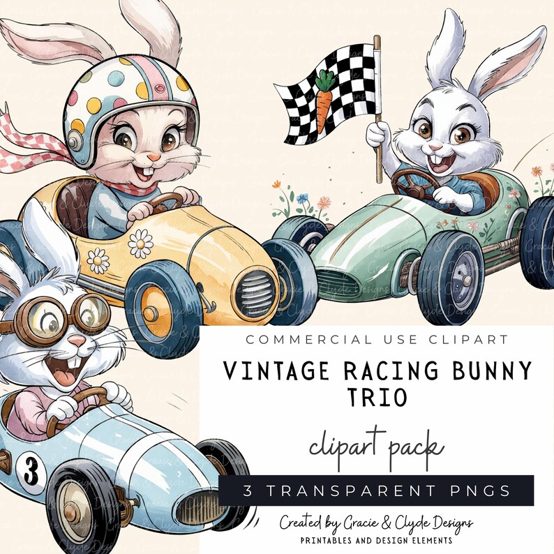 Easter Bunny Clipart PNG Bundle, Vintage Racing Rabbit Car Set, Spring ...