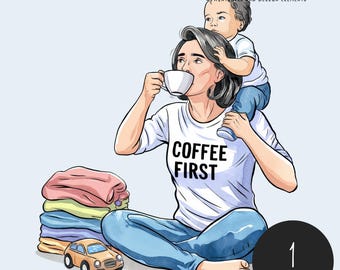 Relatable Mom Life Clipart | Coffee First Chaos | Funny Mom & Baby PNG | Modern Motherhood Illustration | Whimsical Family Clipart | Digital